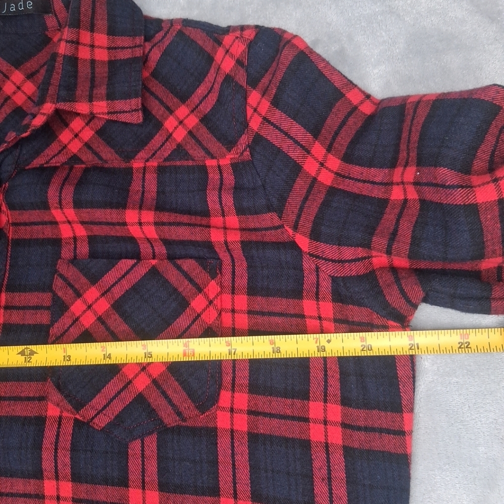 Jade Red Black Navy Plaid Flannel Dress Button Front Roll Tab Sleeve Small - Picture 12 of 14
